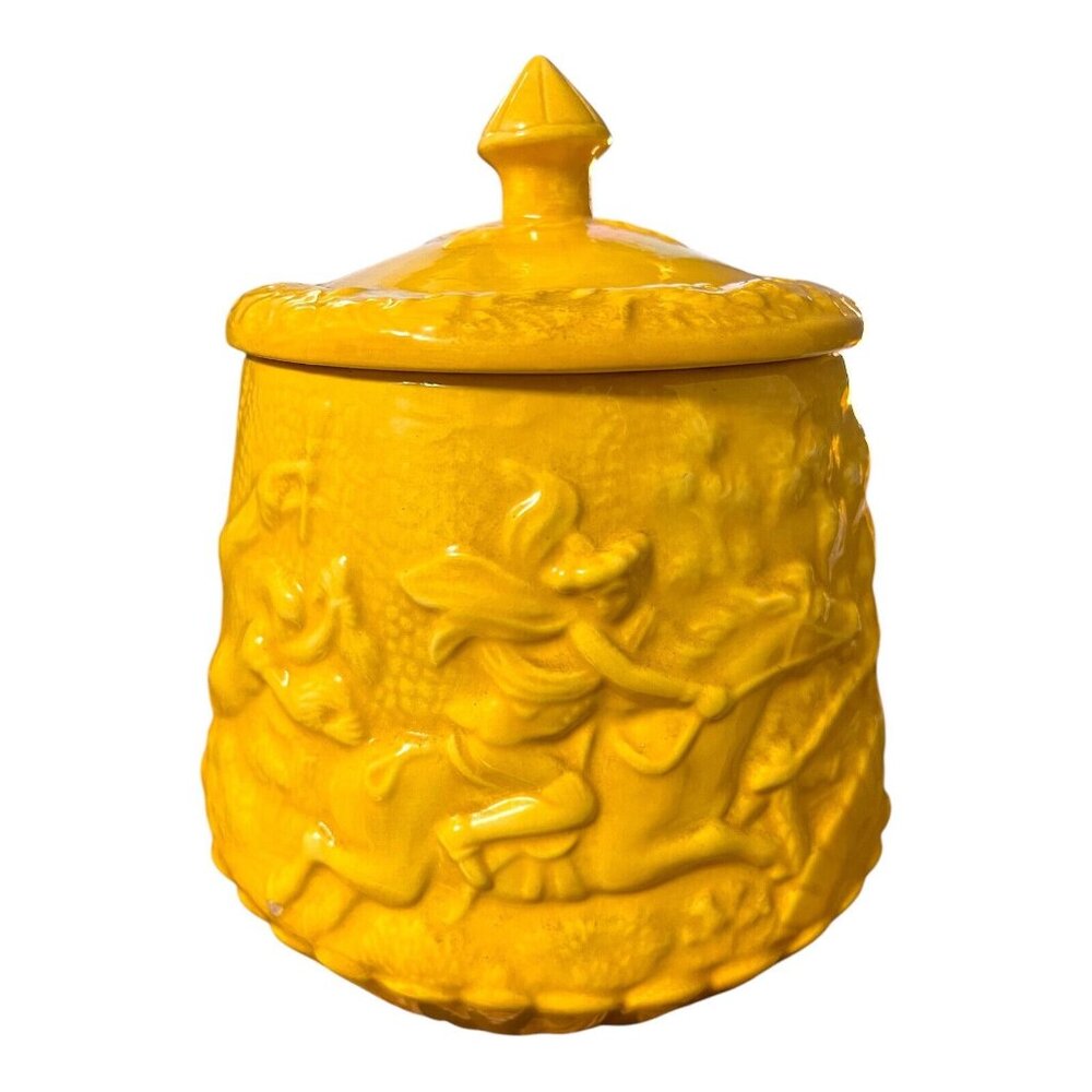 Vintage Ceramic Canister by Sande – Bas-Relief Colonial Tavern Scene with Horseb